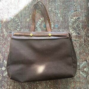 HERMÈS Dark Brown HERBAG Tote with Leather Handles and Gold Hardware AS IS